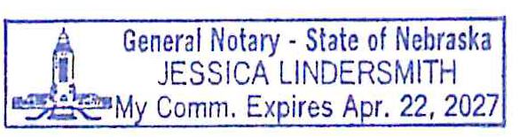 General Notary - State of Nebraska stamp for Jessica Lindersmith, Expires Apr. 22, 2027