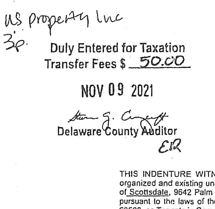 Auditor stamp and transfer fee endorsement for Delaware County