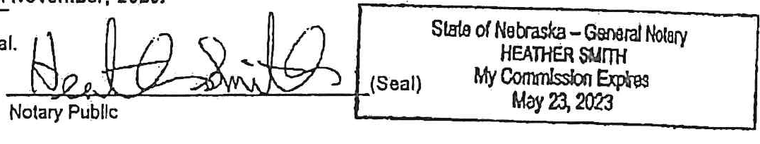 Notary Public Signature and Seal for Heather Smith, State of Nebraska - General Notary, Commission Expires May 23, 2023