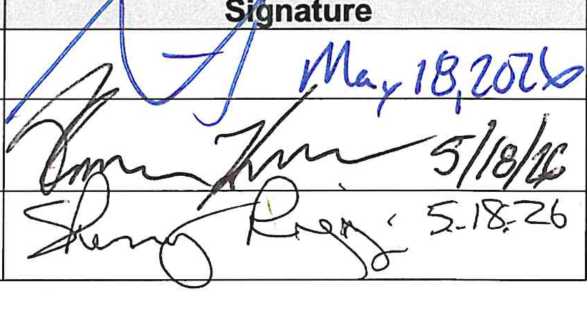 Signatures and dates of Stephen Brand (May 18, 2026), Shannon Henry (5/18/26), and Sherry Riggin (5.18.26)