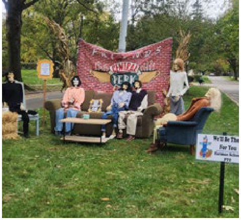 Friends-themed Central Perk scarecrow display on Shafor Boulevard