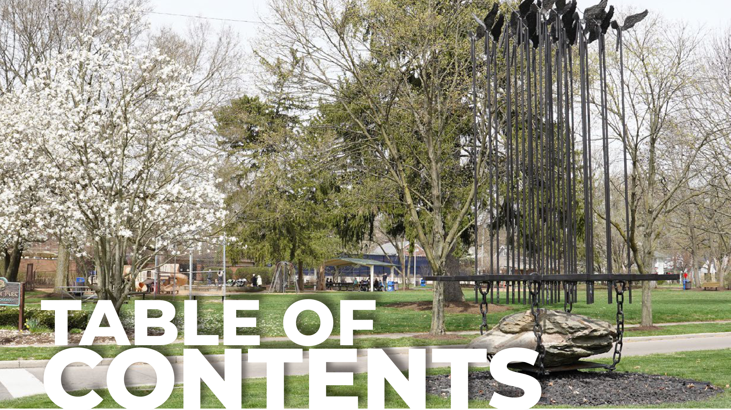 TABLE OF CONTENTS banner showing Oakwood park sculpture and spring trees