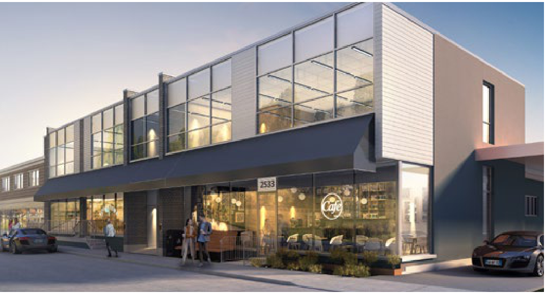Modern commercial building rendering at 2533-2537 Far Hills Avenue with ground floor cafe and large storefront windows