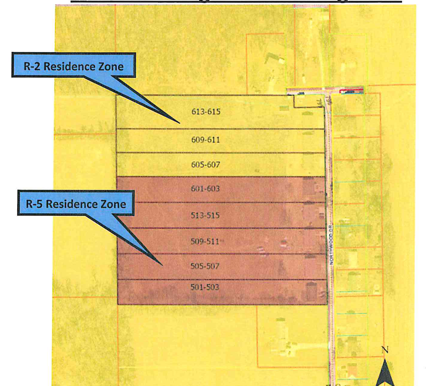 Map showing Current Zoning & Surrounding Area with R-2 Residence Zone and R-5 Residence Zone