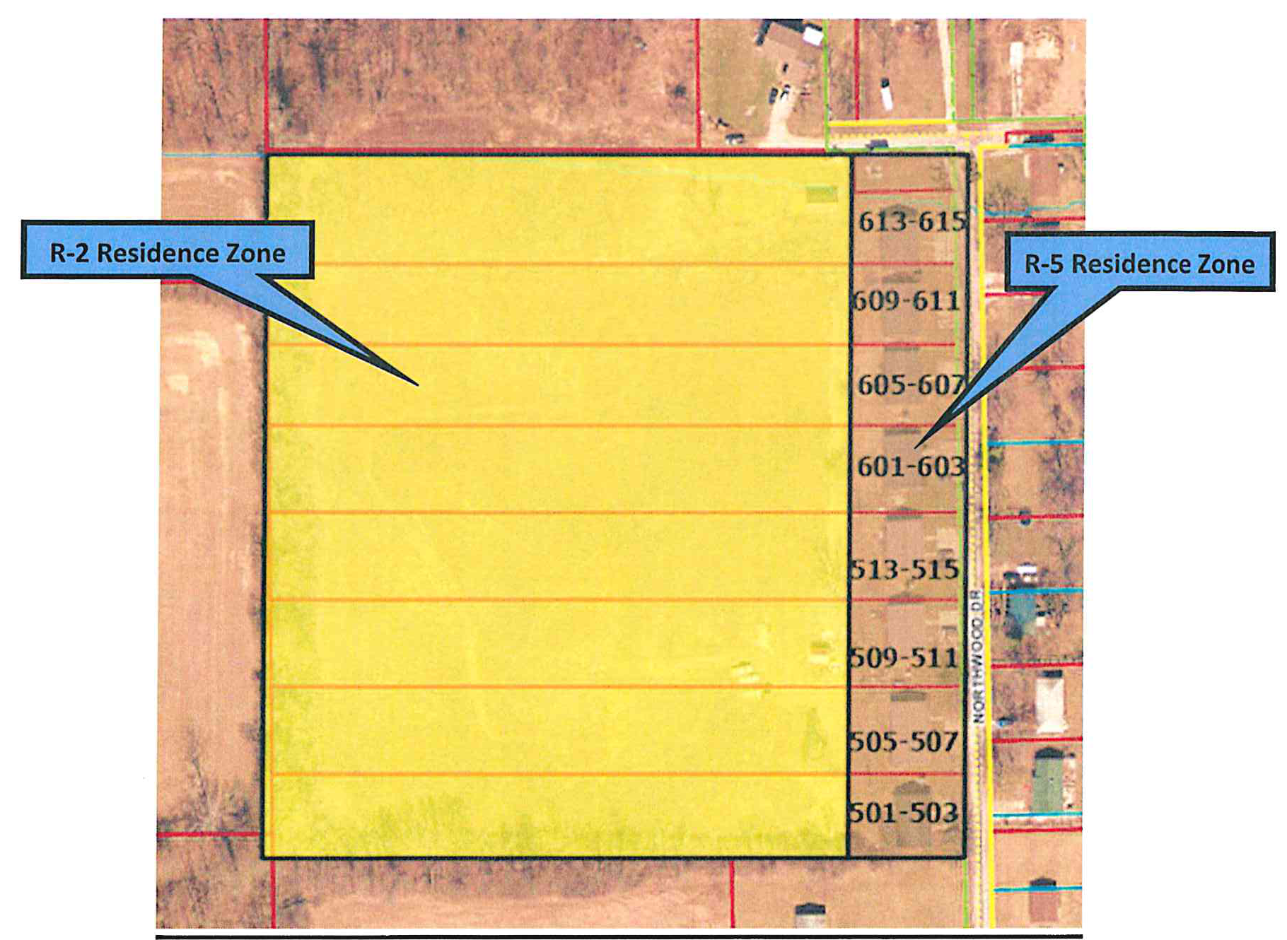 Map showing Proposed Zoning After Rezoning and Platting with R-2 Residence Zone and R-5 Residence Zone