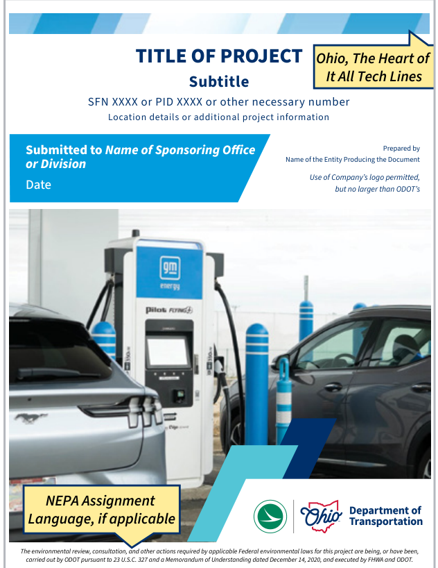 Sample C: Color Report Cover example showing title block, project details, electric vehicle charging station photo, NEPA assignment language note, and Ohio Department of Transportation logo.