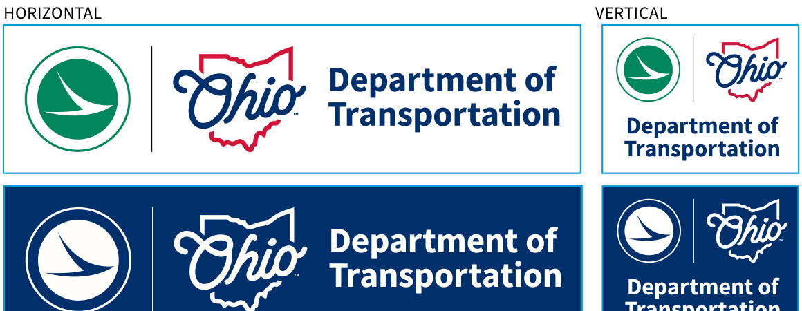 ODOT Zephyr-Ohio logo variations showing horizontal and vertical layouts in full color on white and reversed white on navy backgrounds with light blue clearspace boundaries