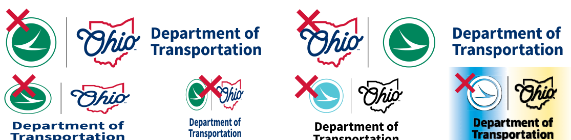 Examples of prohibited logo usage marked with red X's: inverted elements, bevel and shadow effects, squished scaling, improper color changes, unapproved outlines, and distracting gradient backgrounds
