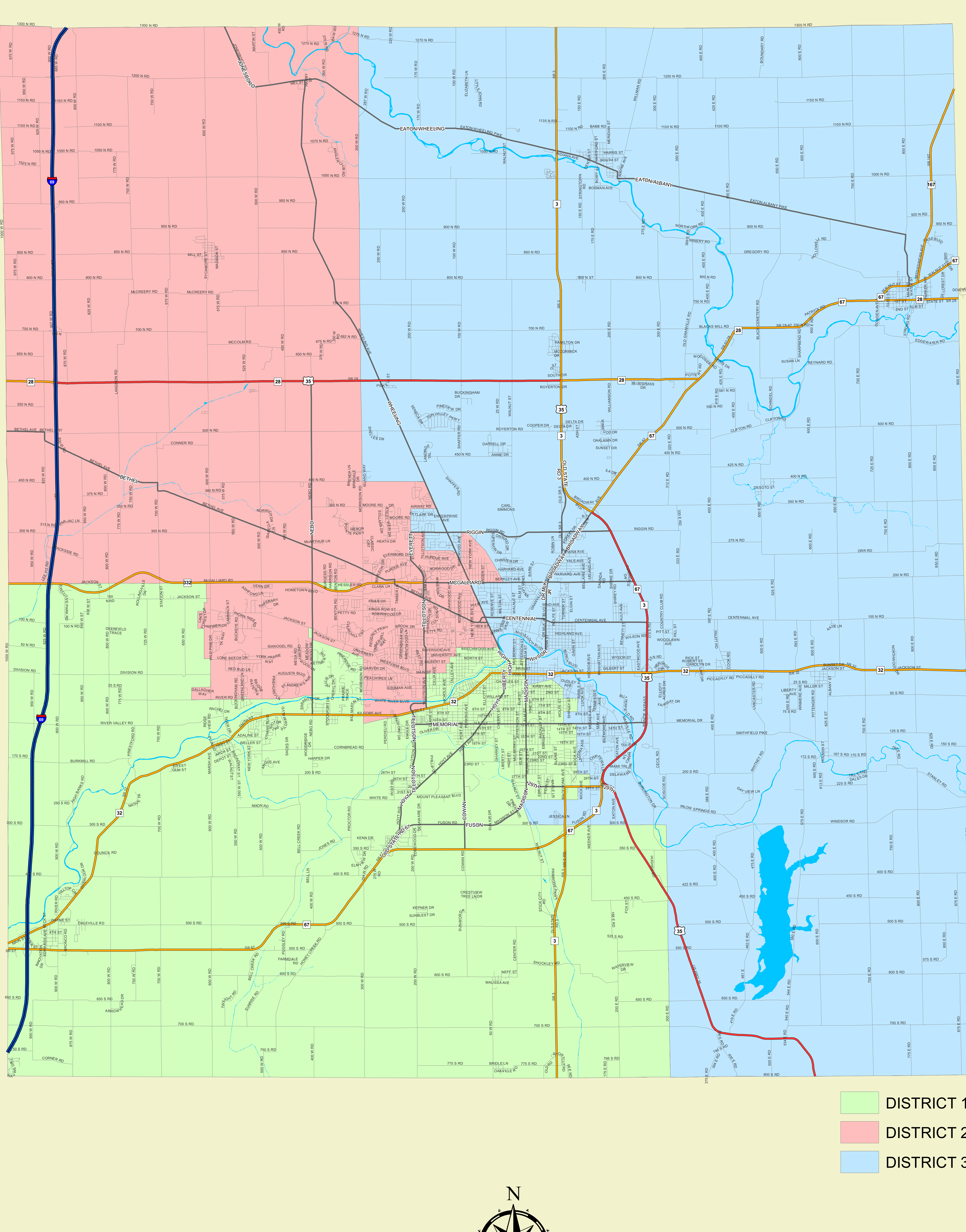 Detailed map of Delaware County, Indiana showing Commissioner Districts 1, 2, and 3 along with roads, rivers, towns, compass rose, scale bar, and legend.