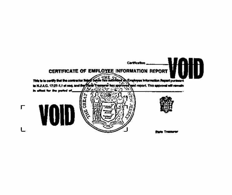 Sample Certificate of Employee Information Report stamped VOID with the Great Seal of the State of New Jersey