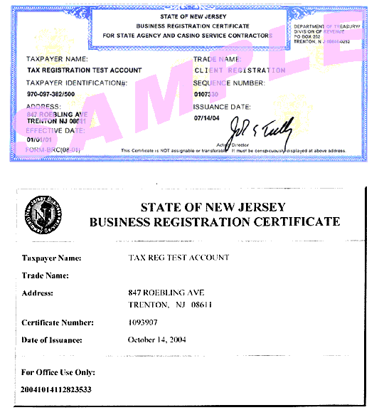 Composite of two sample State of New Jersey business registration certificates: an upper certificate marked SAMPLE above a lower certificate