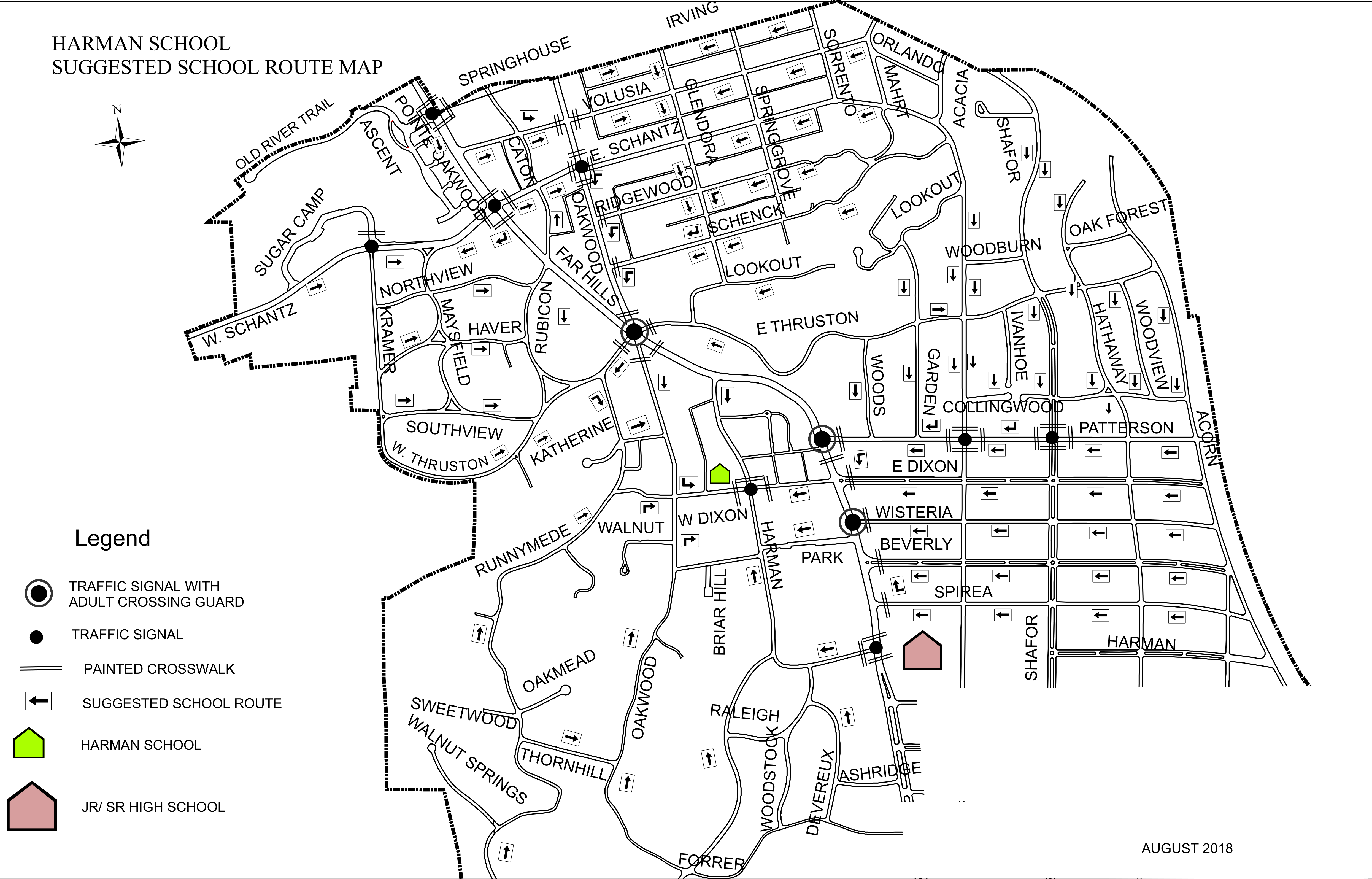 Harman School Suggested School Route Map detailing street layout, designated walking directions, crossing guards, traffic signals, and painted crosswalks across the Oakwood neighborhood.
