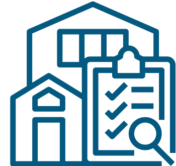 Icon showing a house with a magnifying glass and checklist