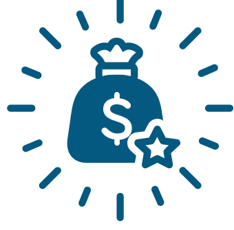 Icon of a money bag surrounded by dashed lines and stars
