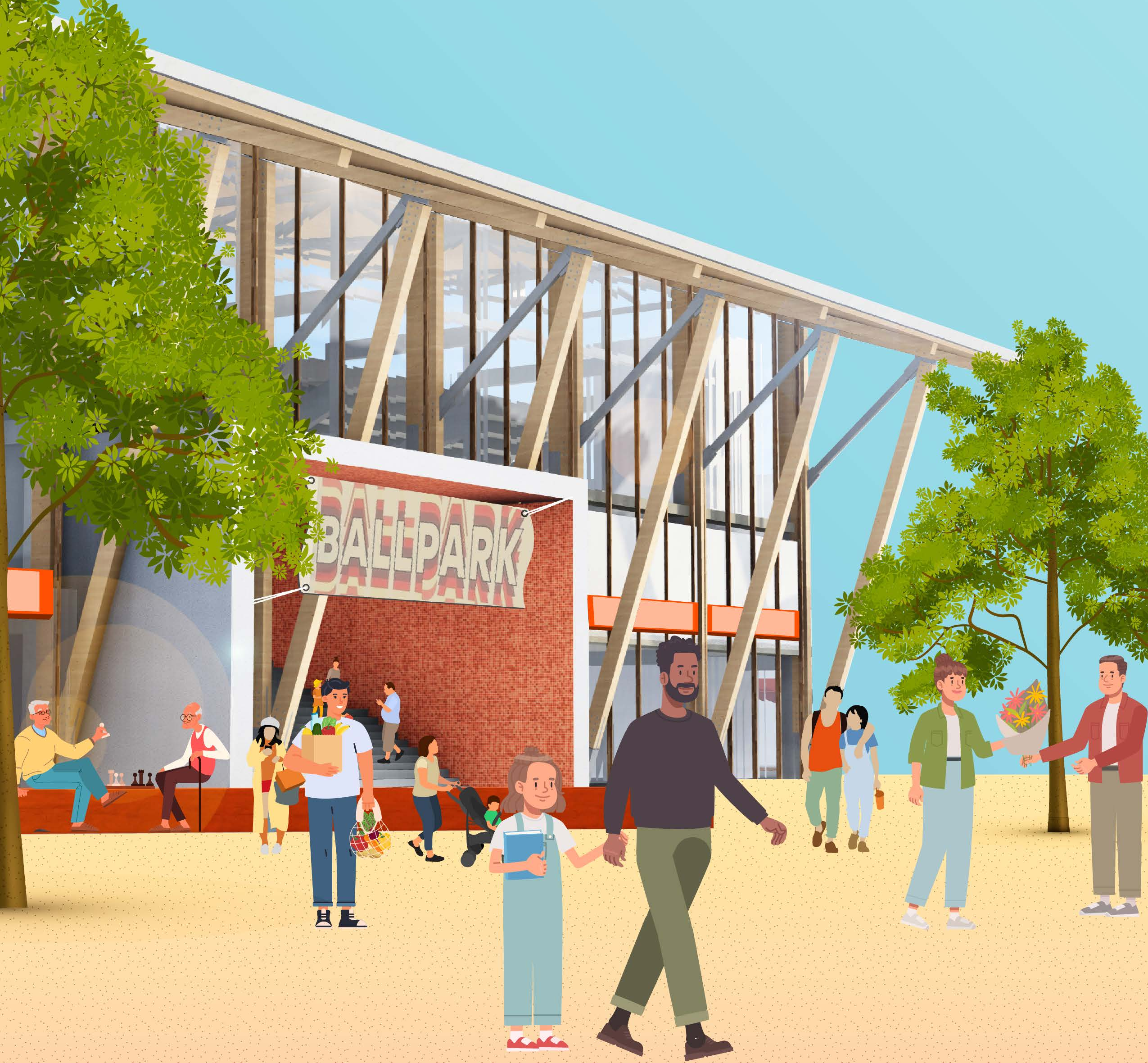 Illustration of a Ballpark building, trees, and people gathering, shopping, and walking.