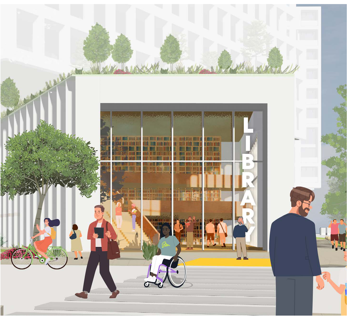 People outside a public library, with a person using a wheelchair and a cyclist in the foreground.