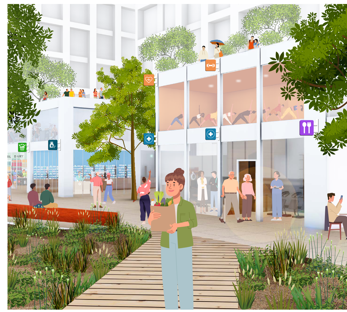 Residents walking along an active mixed-use street with storefronts, trees and housing.