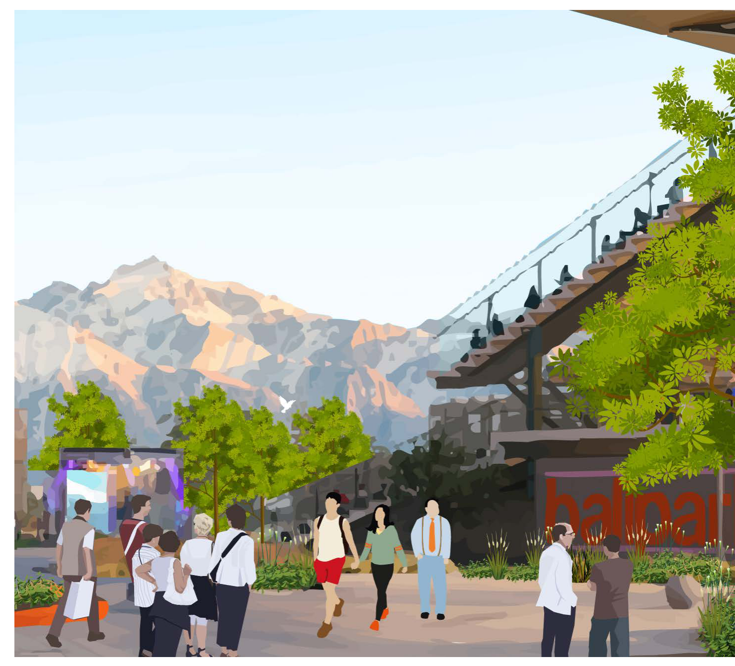 People looking toward the Wasatch Mountains from a tree-lined outdoor space.