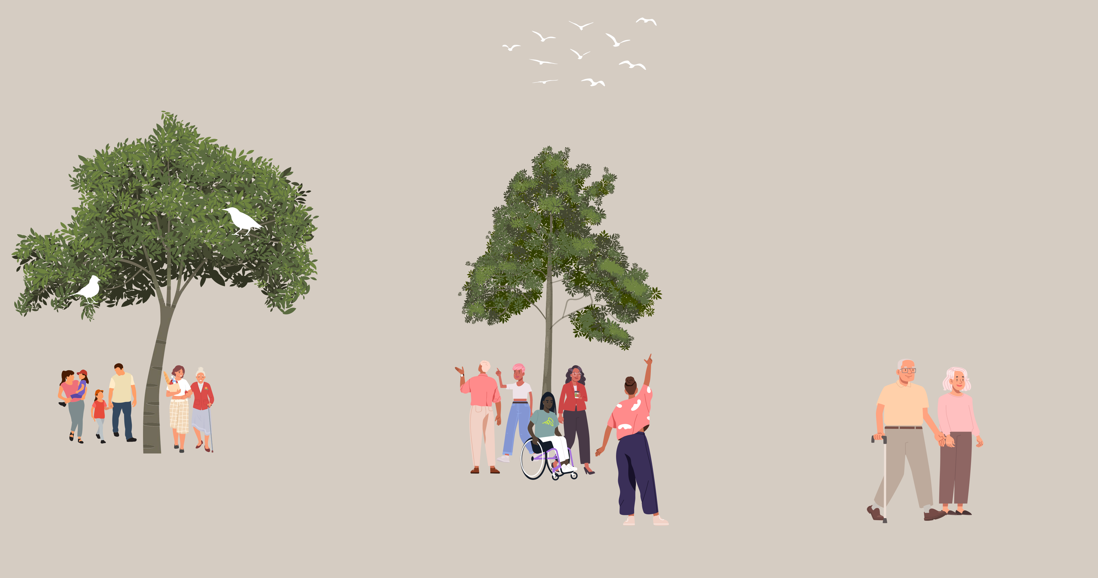 Illustrated community gathering beneath leafy trees, with birds overhead, a wheelchair user among the people, children, adults, and two older adults.