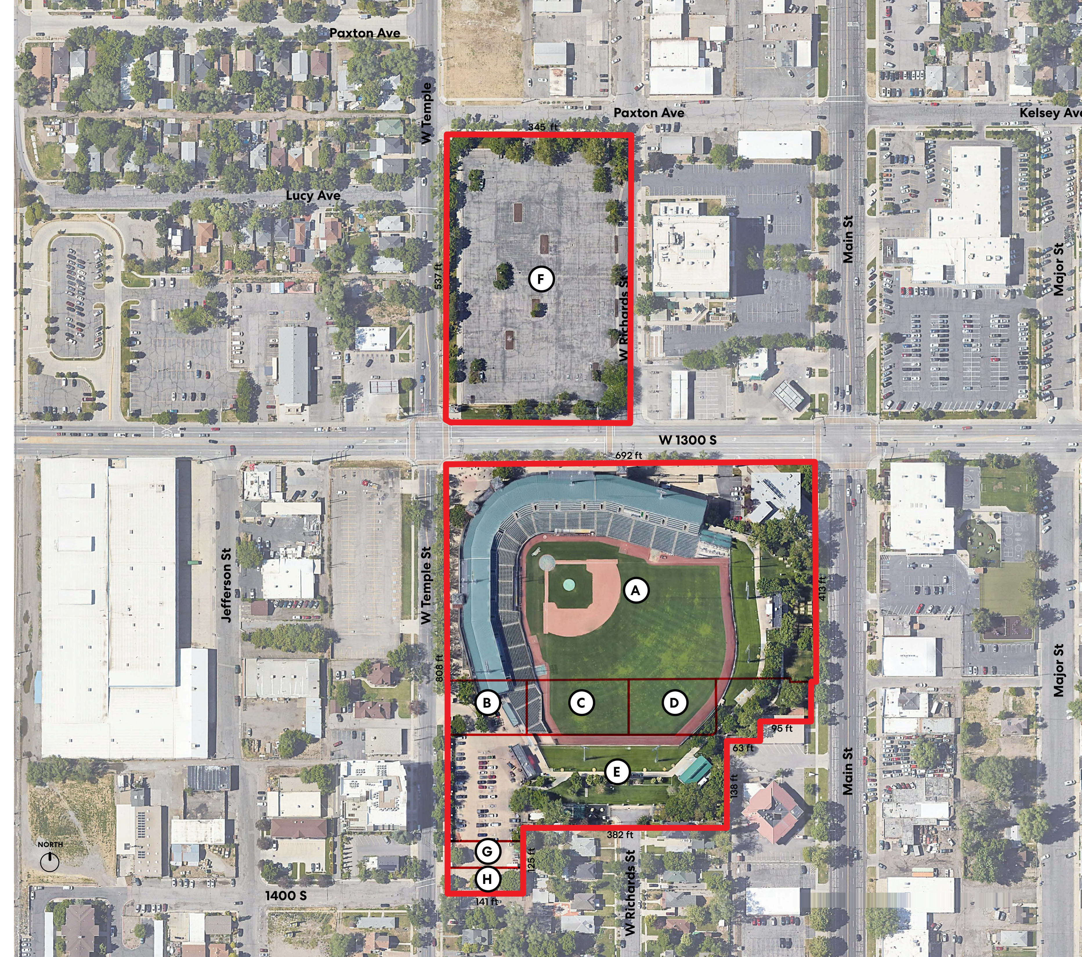 Aerial neighborhood plan with the north lot parcel F outlined in red and the Smith’s Ballpark parcel A and surrounding parcels B through H outlined in red south of 1300 South. Street names, parcel letters, a north marker, and boundary dimensions are marked on the map.
