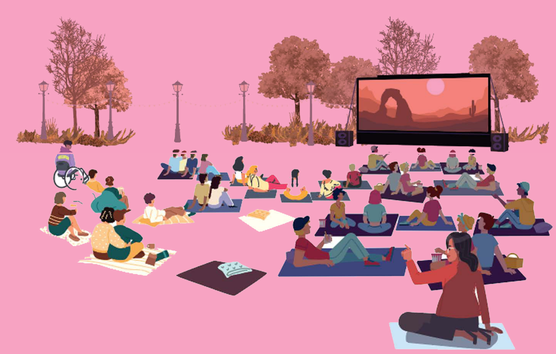 Stylized outdoor gathering: people sit on blankets and benches facing a large screen in a tree-lined park.