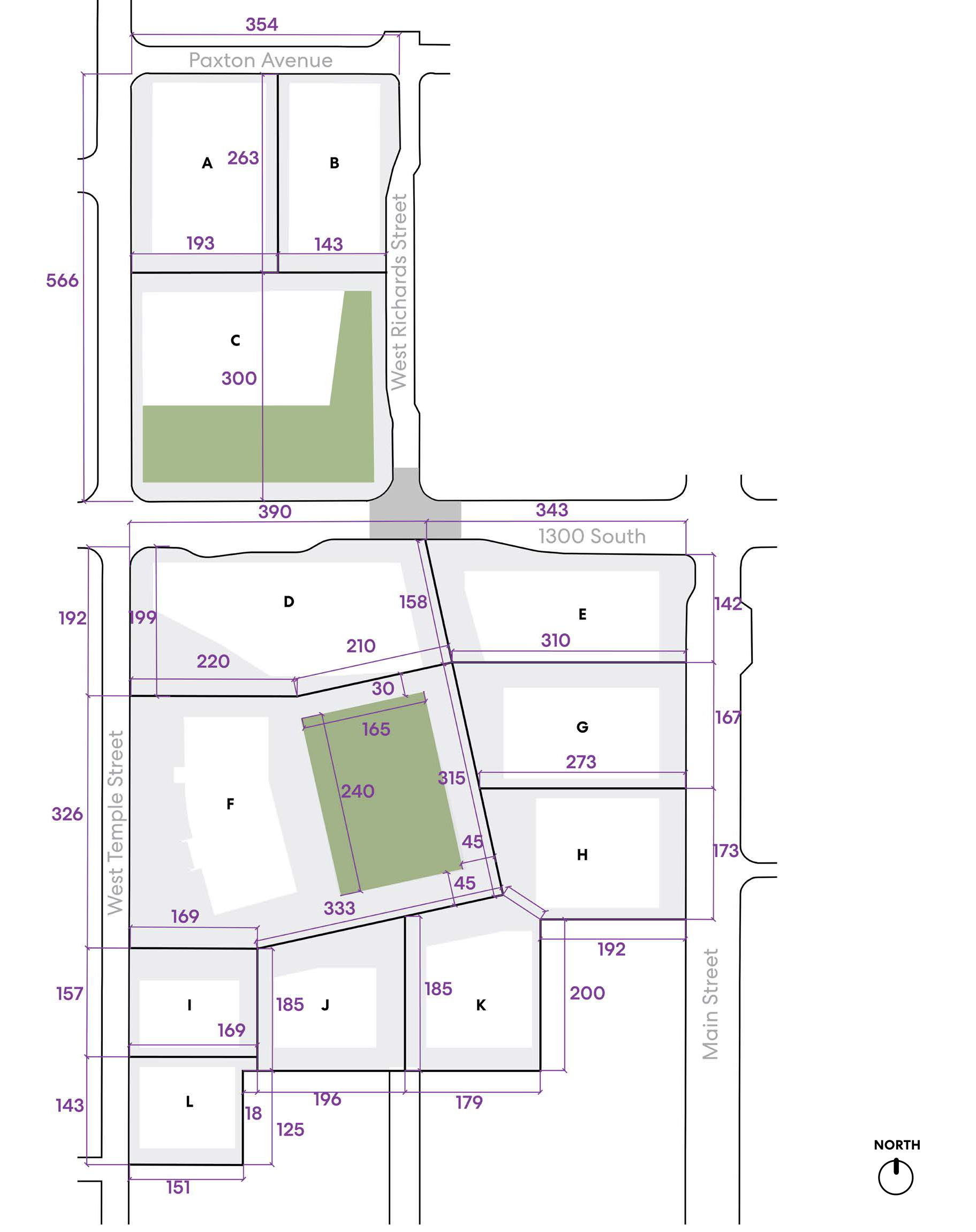 Development-block plan labeled parcels A through L, with street names, approximate dimensions, green public-realm areas, and a north arrow.