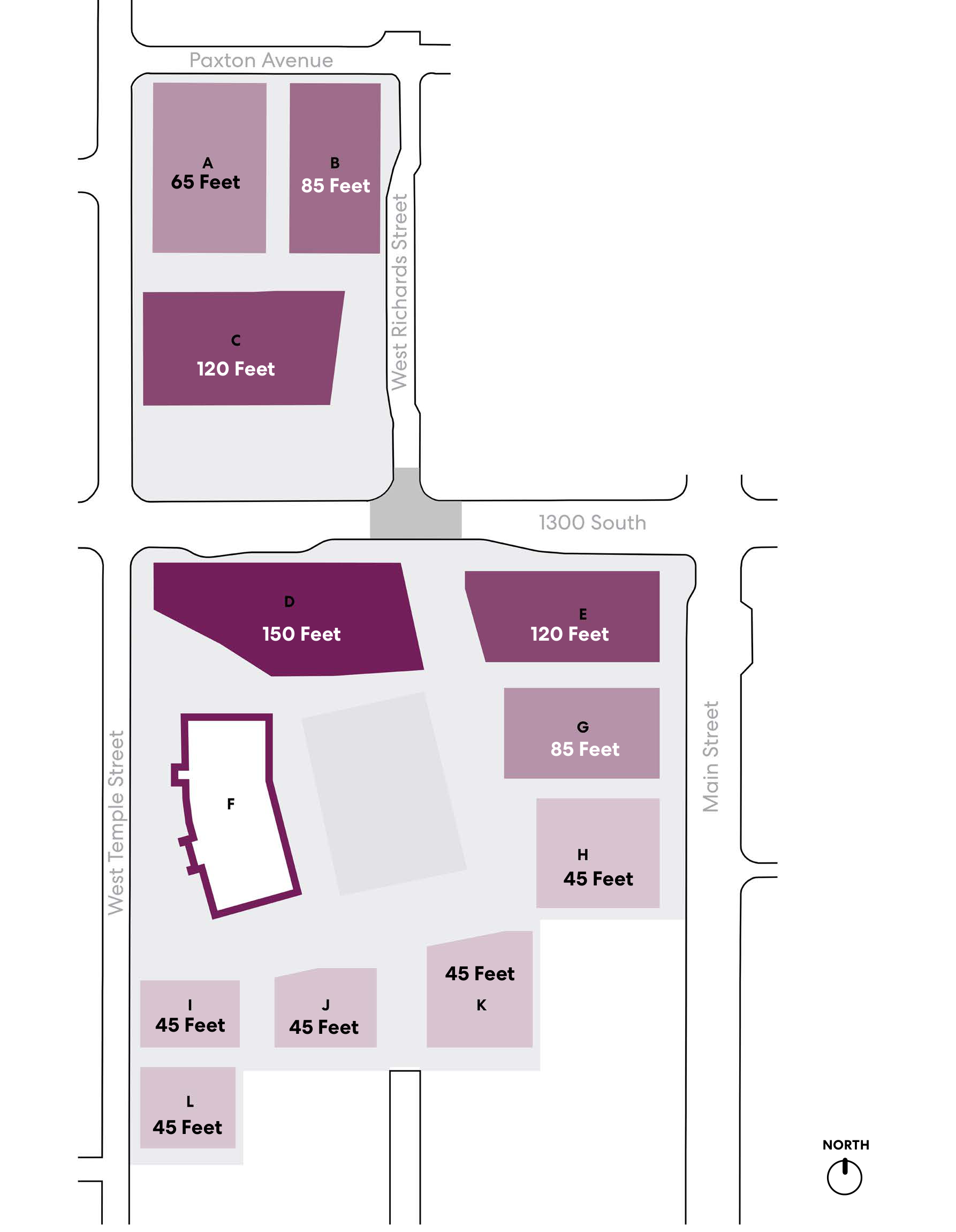 Site plan showing the spatial arrangement of development parcels A through L around the ballpark, with a north arrow.