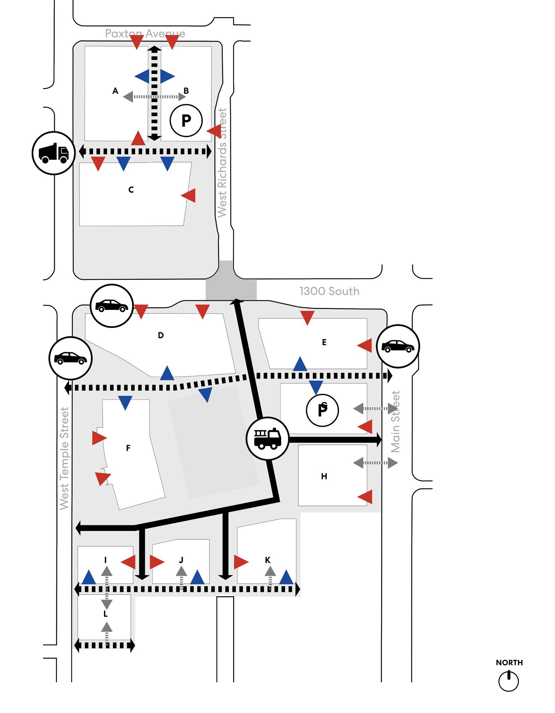 Service and access map locating emergency access streets, service streets, vehicle access, service and lobby entries, pick-up/drop-off points, and parking garages across parcels A through L; north arrow shown.