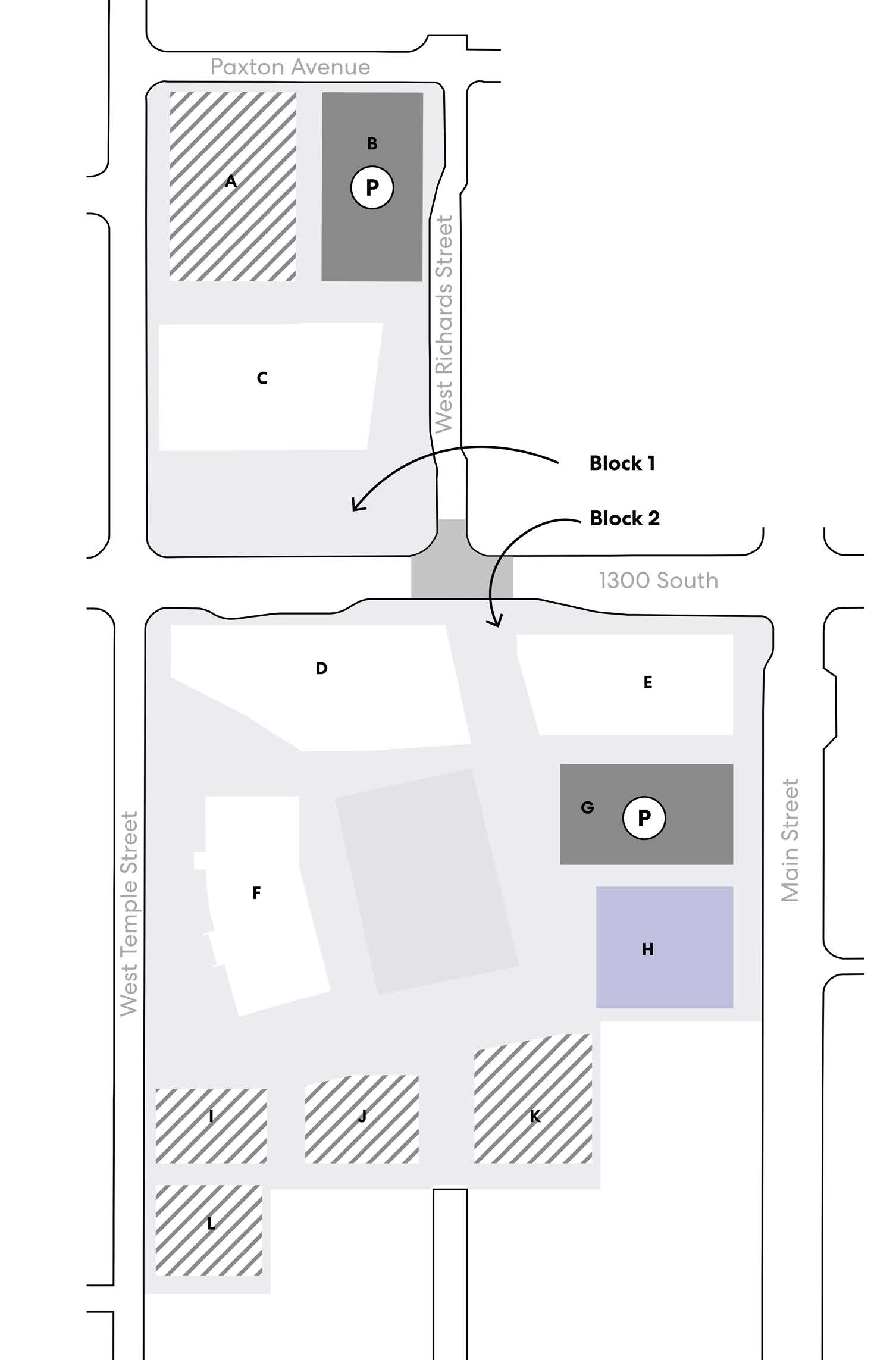 Parking framework site plan showing parcels A through L, shared parking garages on blocks B and G, on-site parking areas, areas without on-site parking, and Fire Station reserved parking.