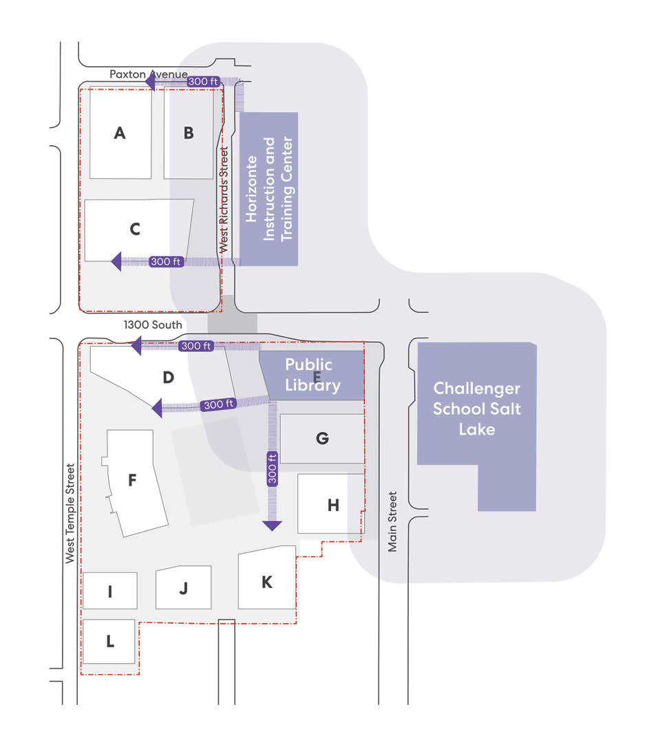 Parcel plan showing 300-foot walking-distance routes from outlet entrances to community-location property boundaries.