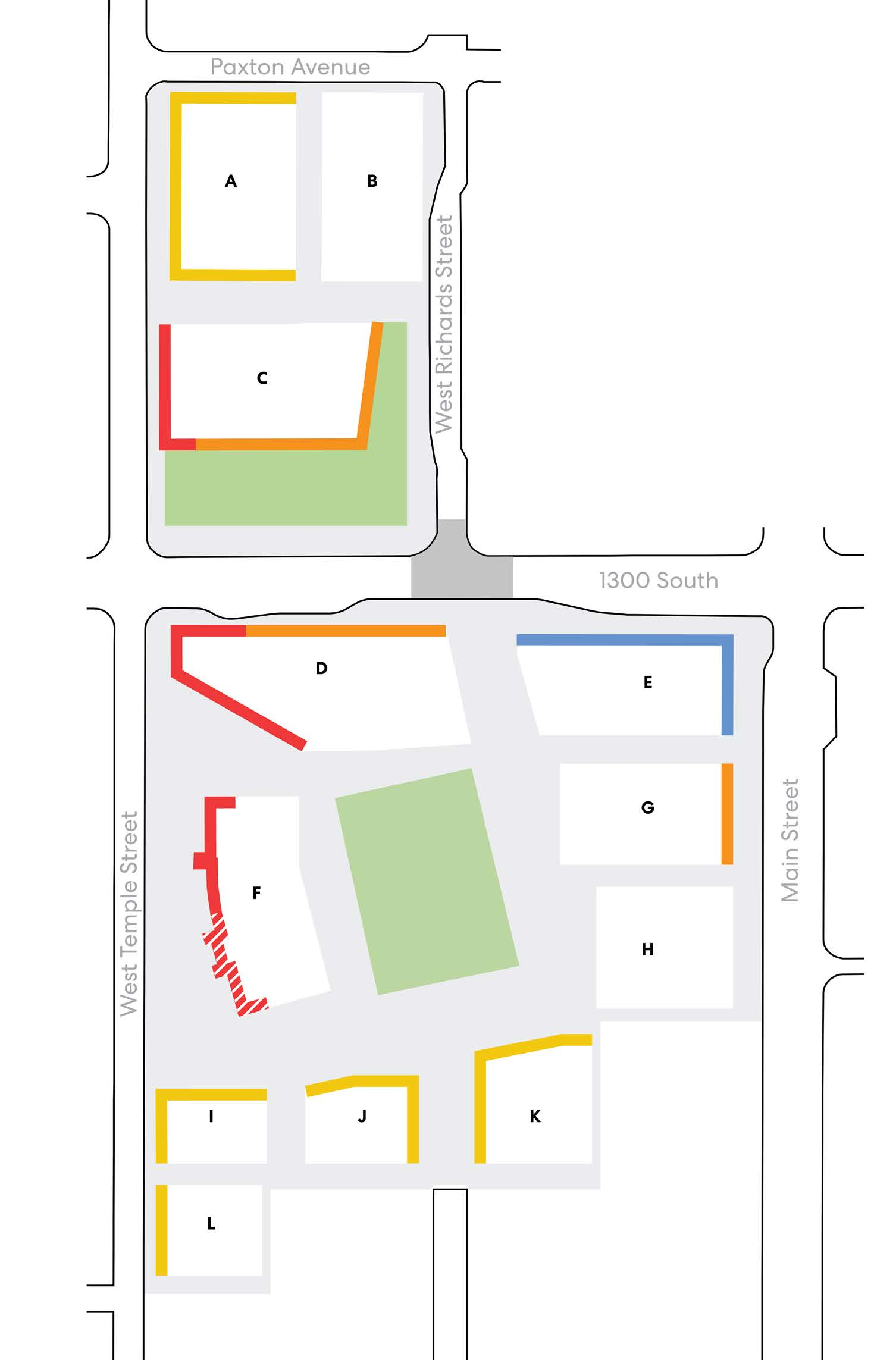 Ground-floor uses site plan showing active-use frontages, residential entries, and library entry across parcels A through L.