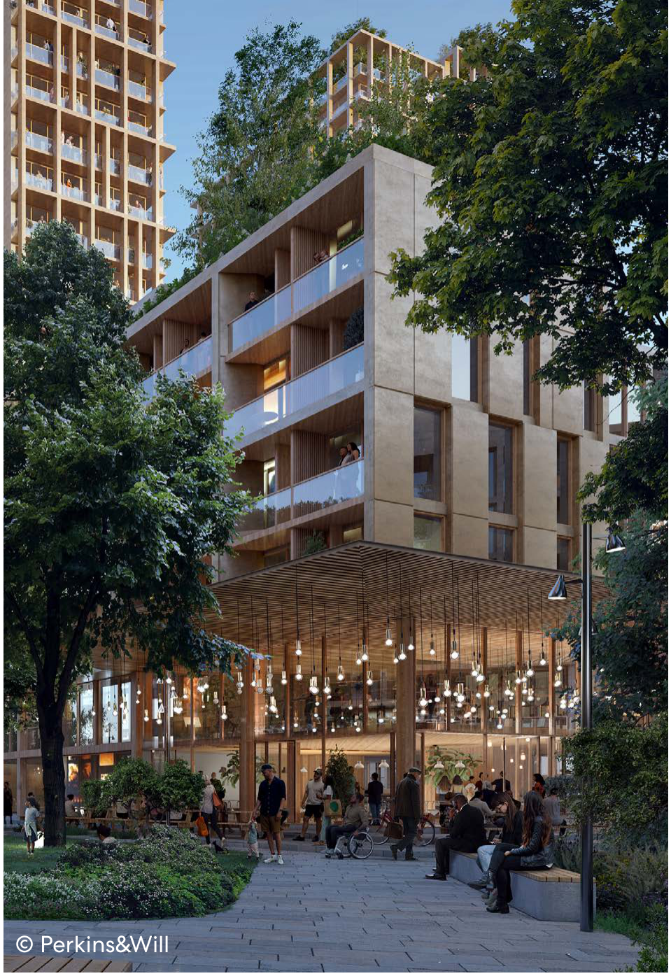 Urban mixed-use building beside a tree-lined pedestrian public space,