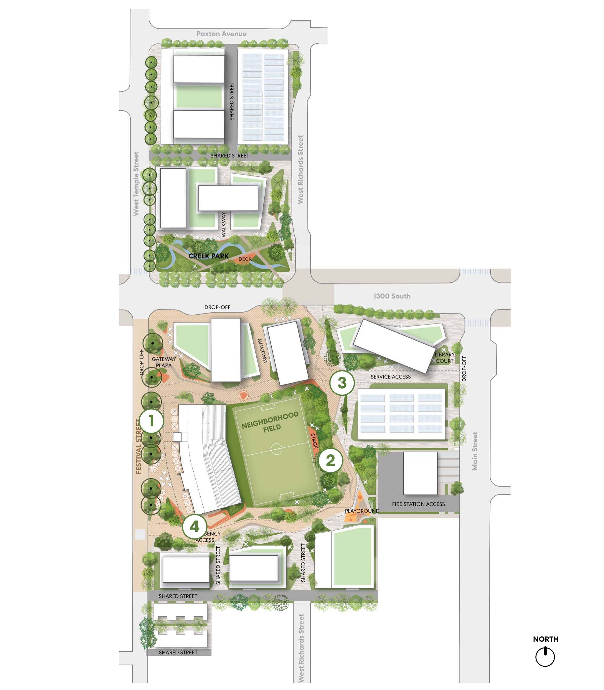 North-oriented landscape framework plan for the Ballpark NEXT site, showing street trees, buildings, the Creek Park, Neighborhood Field, surrounding streets, and numbered elements.