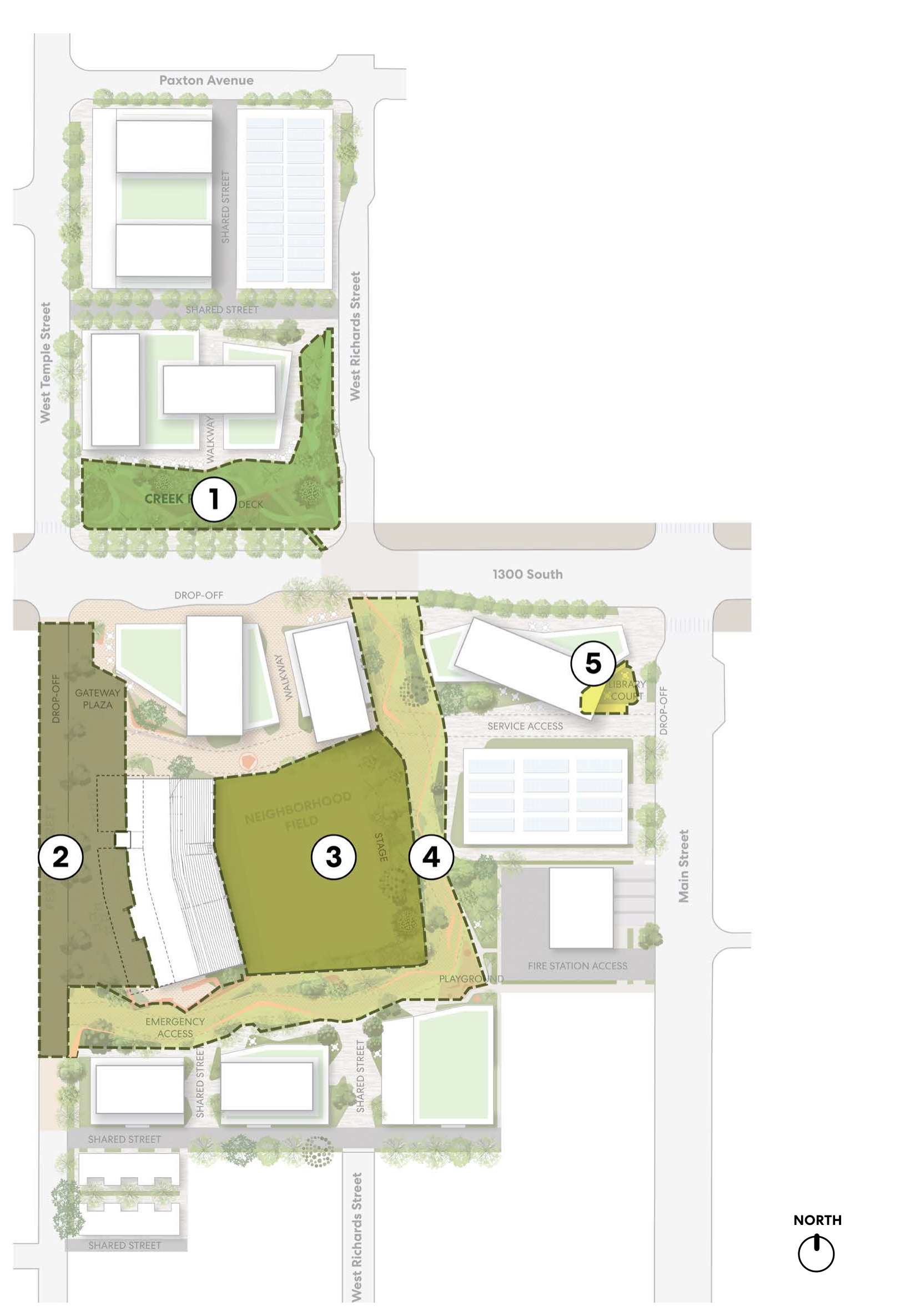 North-oriented open space plan marking five numbered public spaces: Creek Park, Festival Street, Neighborhood Field, Park Promenade, and Library Court.