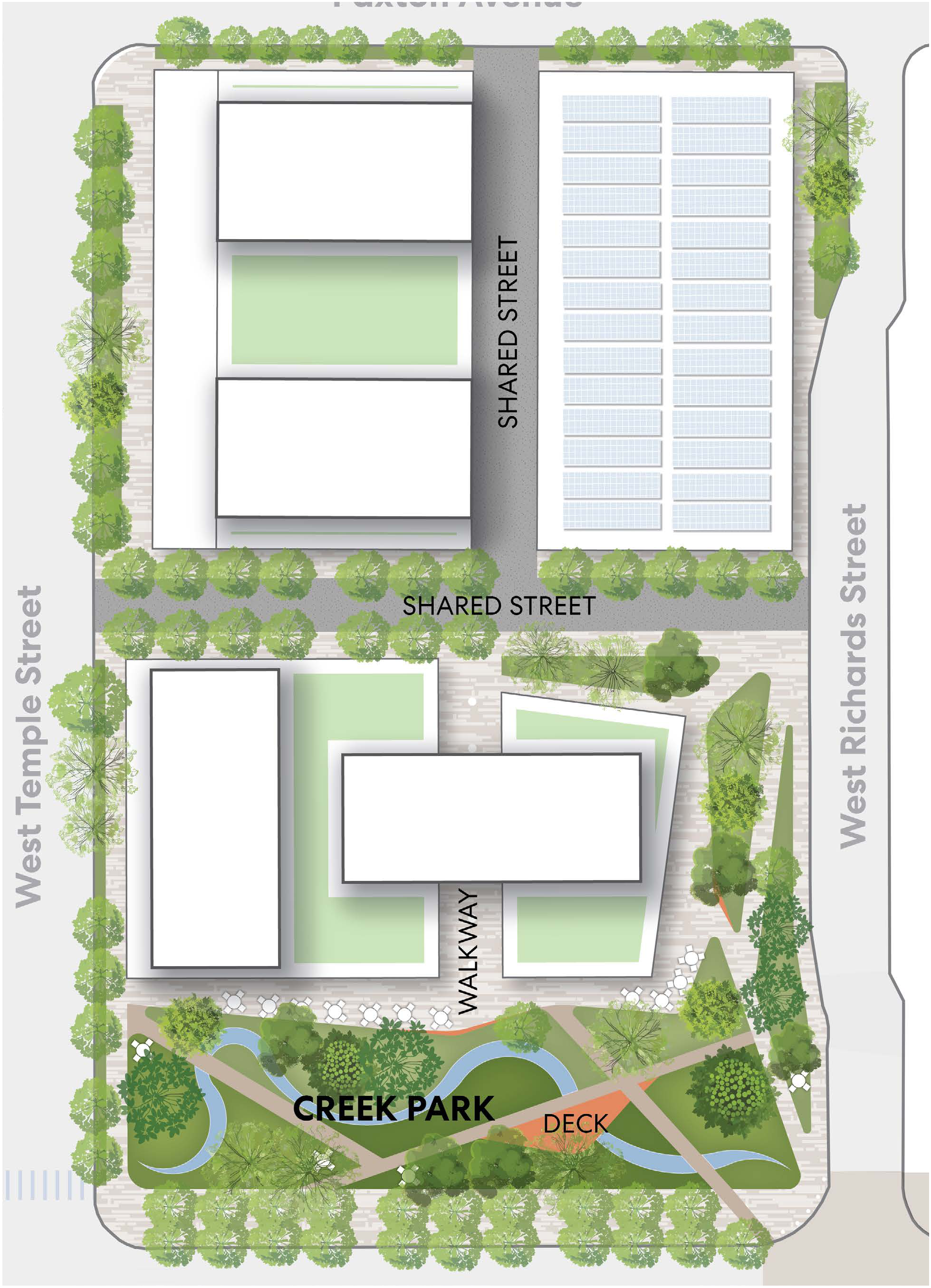 North Block landscape plan centered on Creek Park and surrounded by development parcels, streets, trees, and paths.