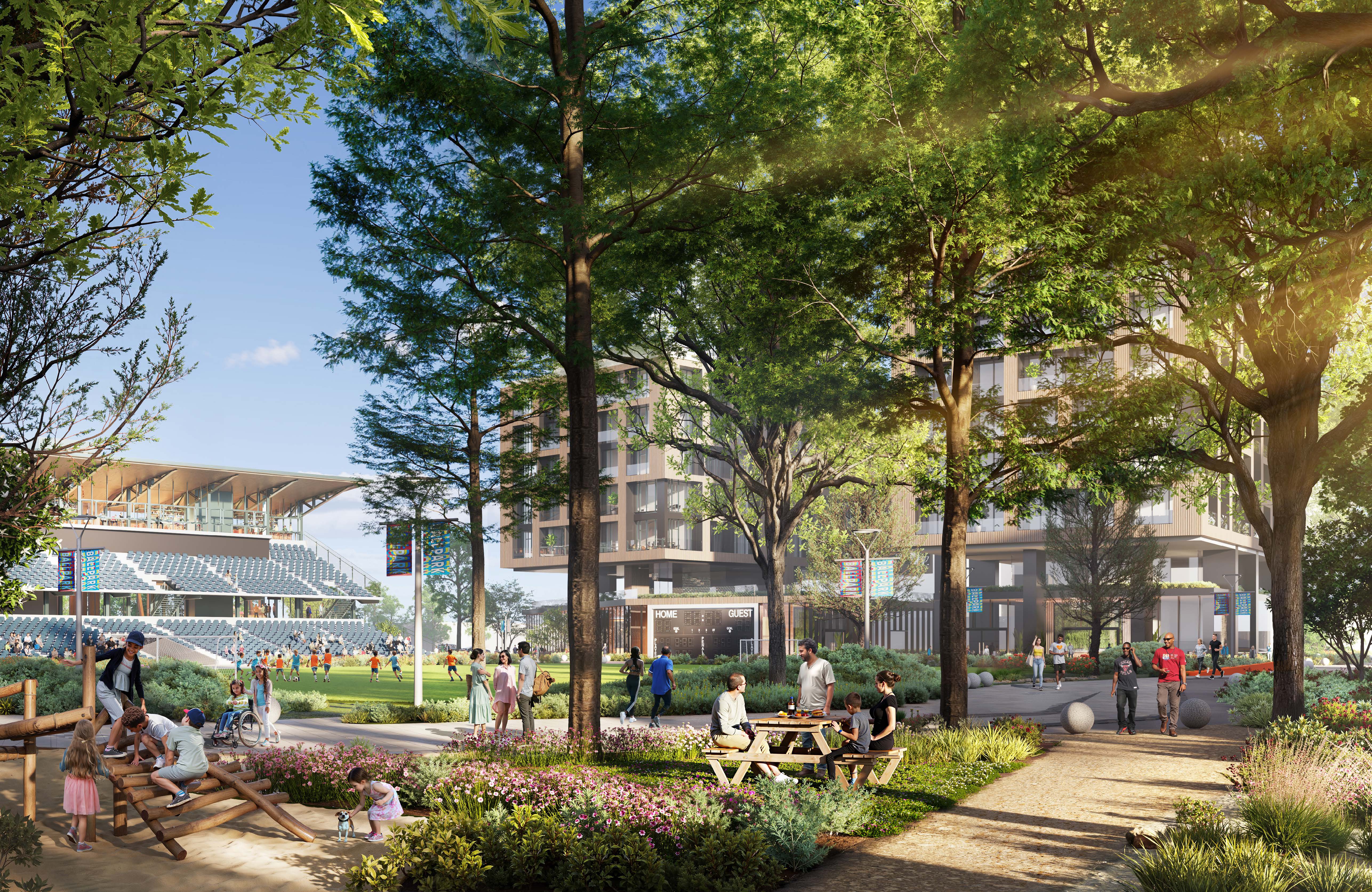 Rendering of Neighborhood Field and Park Promenade: a tree-shaded pedestrian space with benches, people gathering, a play area, residential and commercial buildings, and a ballfield.