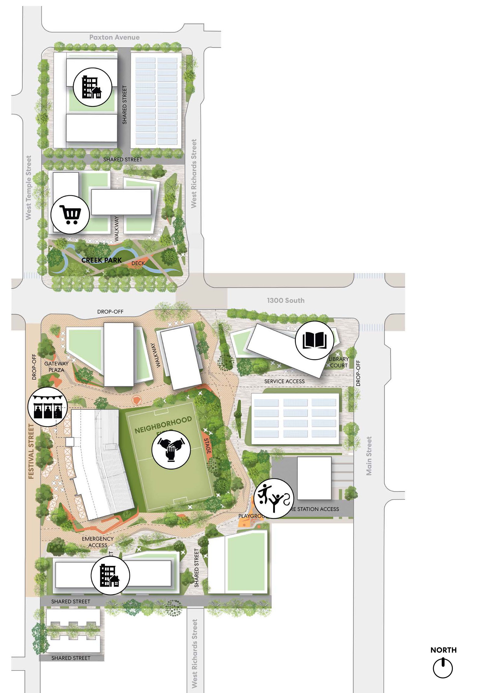 North-oriented social infrastructure plan locating homes, shops, food, the public library, and places to play across the Ballpark NEXT site.