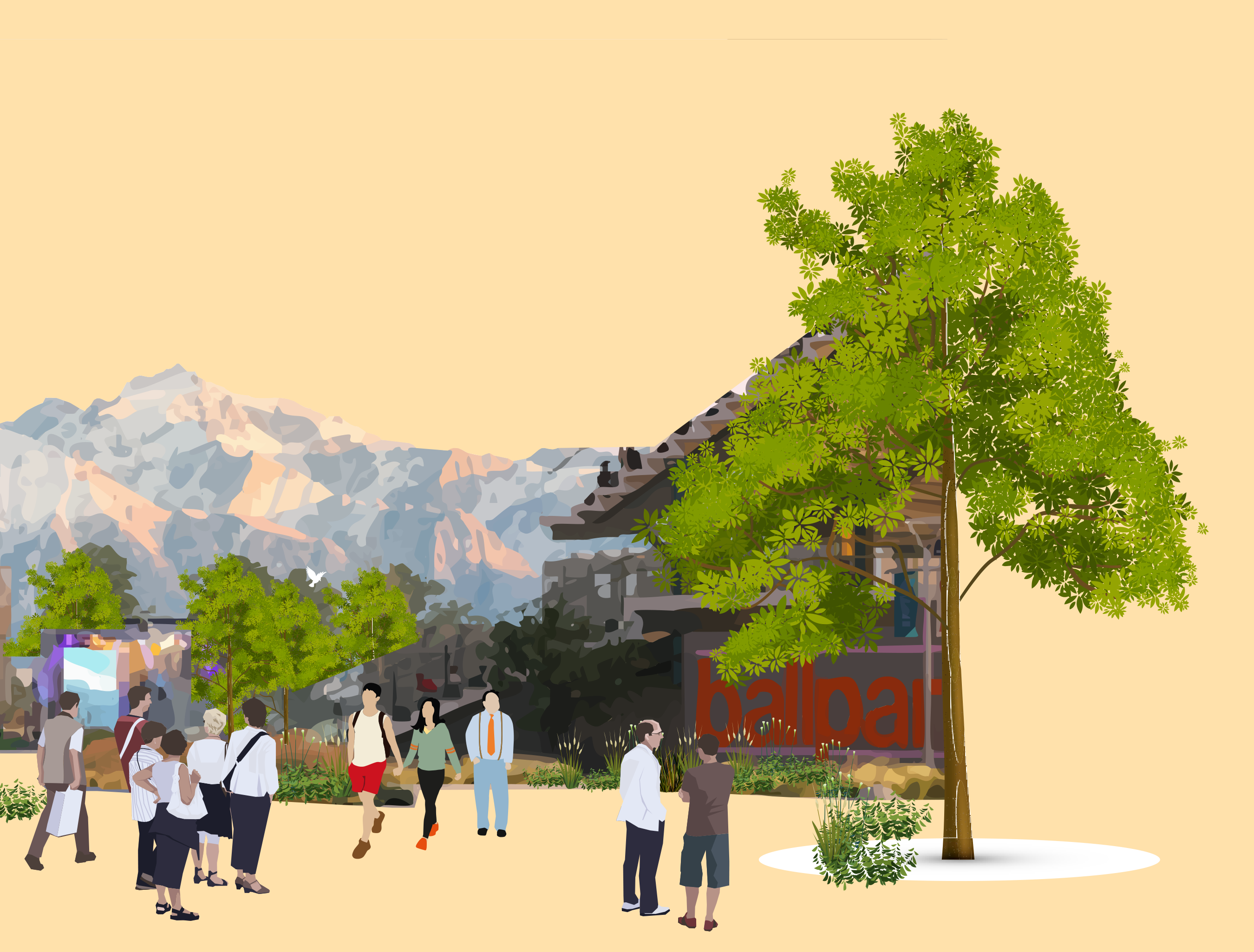 Illustration of Smith’s Ballpark integrated into an active streetscape, with mature trees and people in the foreground.