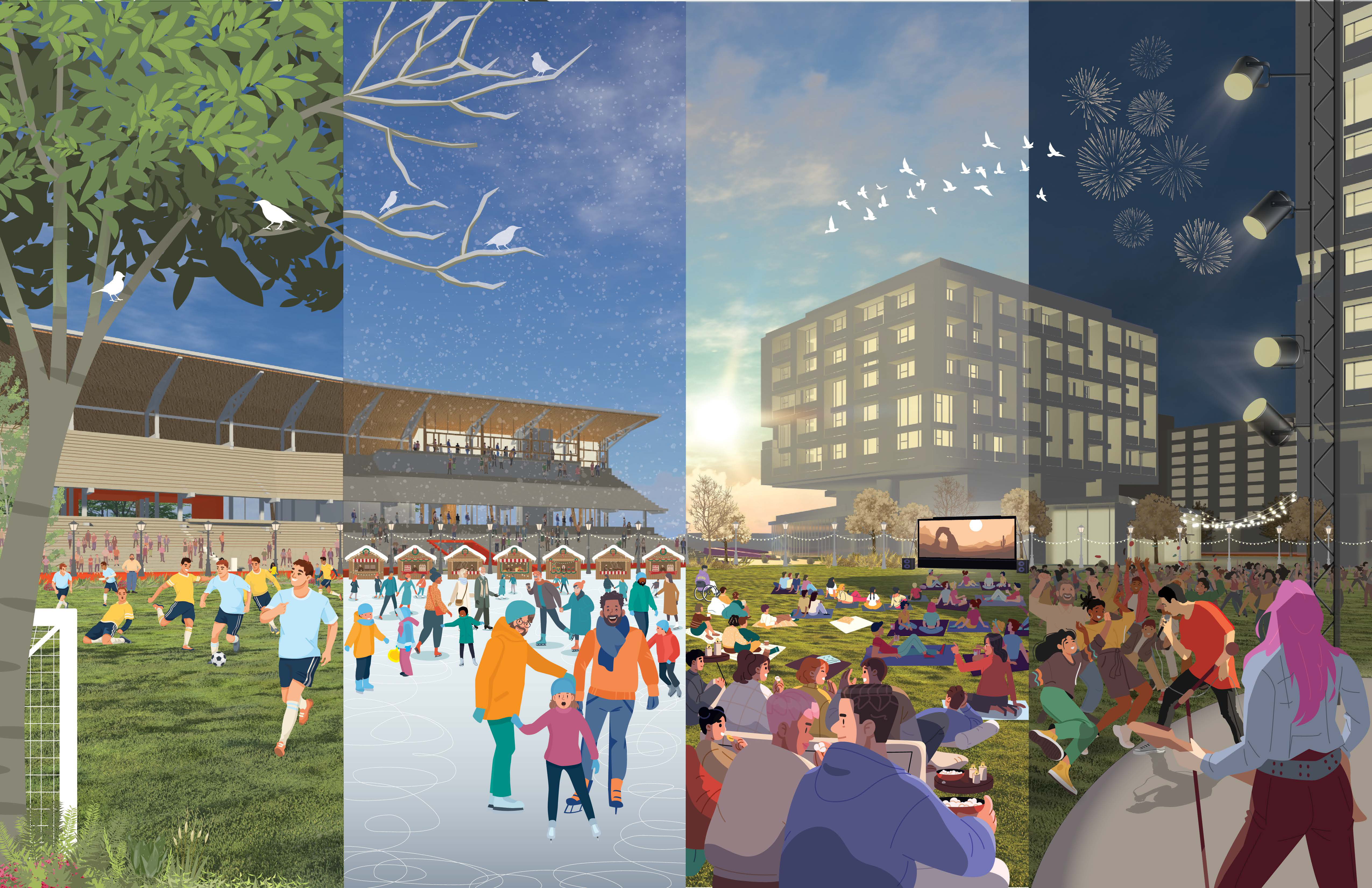 Four connected seasonal Ballpark scenes: fall soccer, a winter neighborhood ritual, a spring outdoor movie, and a summer festival.