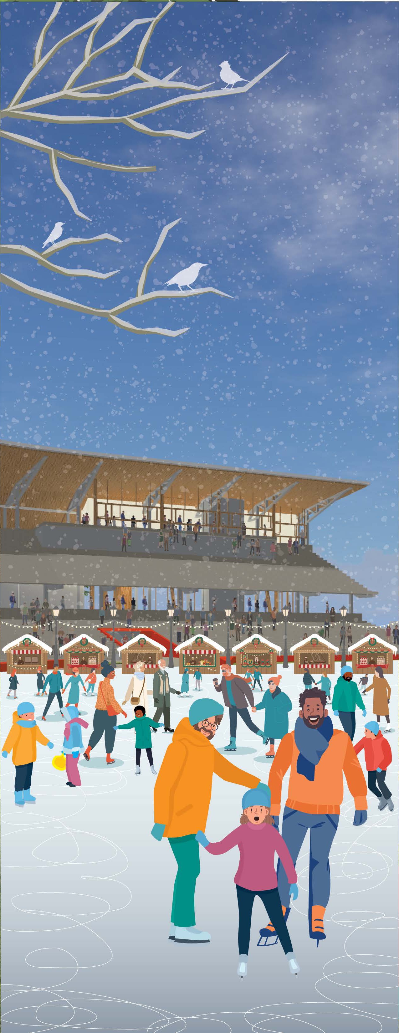 Neighbors gather for a winter ritual among seasonal market huts.