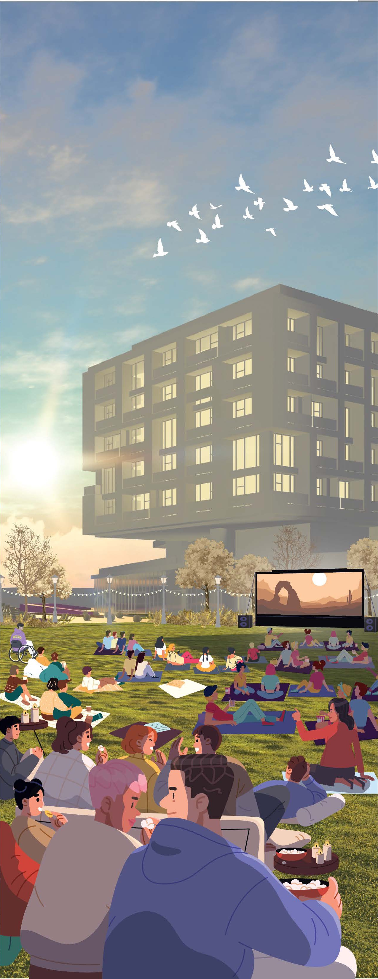 Neighbors watch a spring outdoor movie on the field.