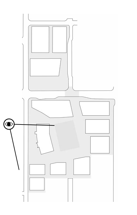 Street-block locator map with a circled viewpoint on the west side of the block and sight lines extending east toward the block.
