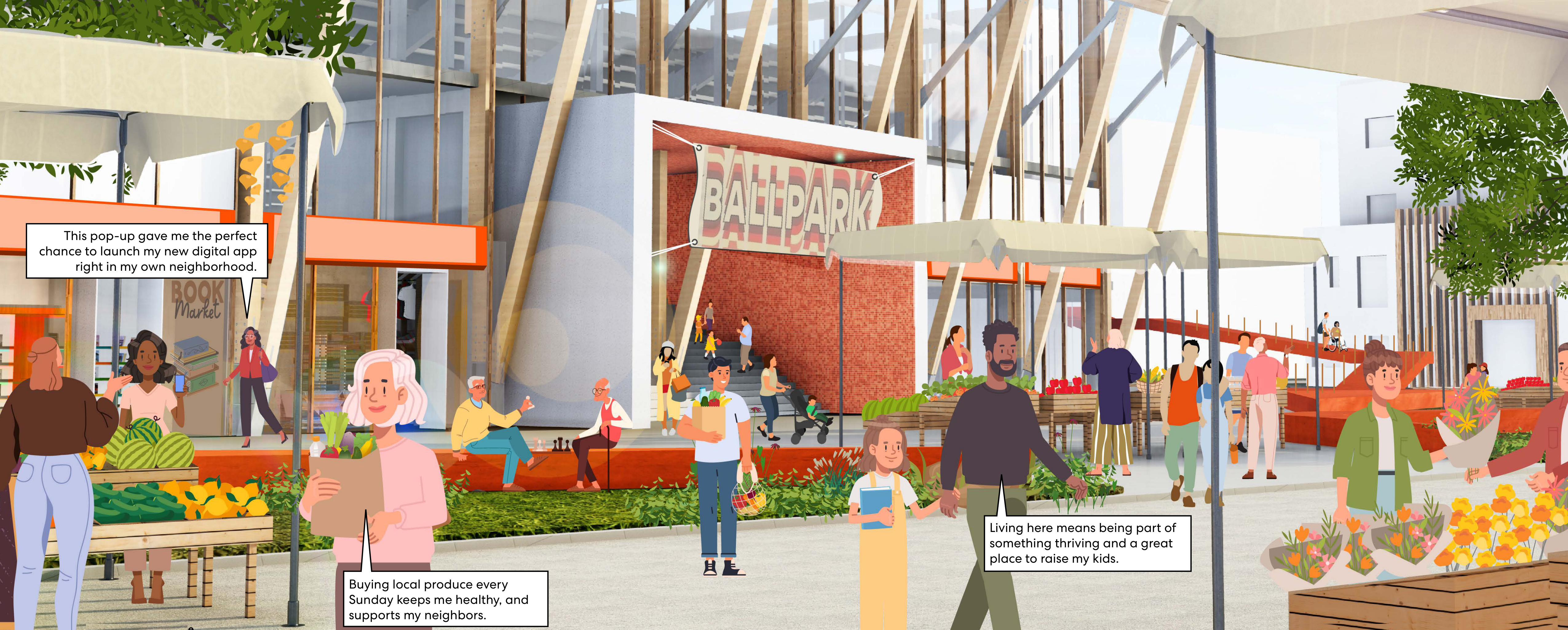 Illustrated Festival Street at the Ballpark, with a market street, shops and food stalls, planted produce beds, and neighbors gathering and walking. Speech-bubble quotations in the art are transcribed below.