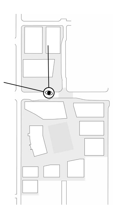 Street-block locator map with a circled viewpoint at the north–south block intersection and sight lines extending north and west.