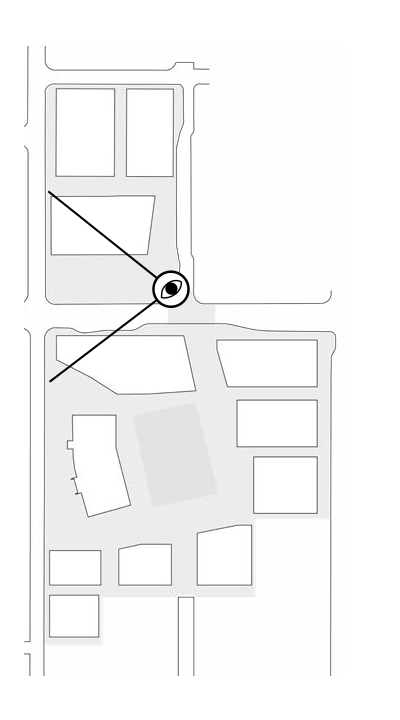 Street-block locator map with a circled viewpoint at the intersection between the north and south blocks, with sight lines extending west into both blocks.