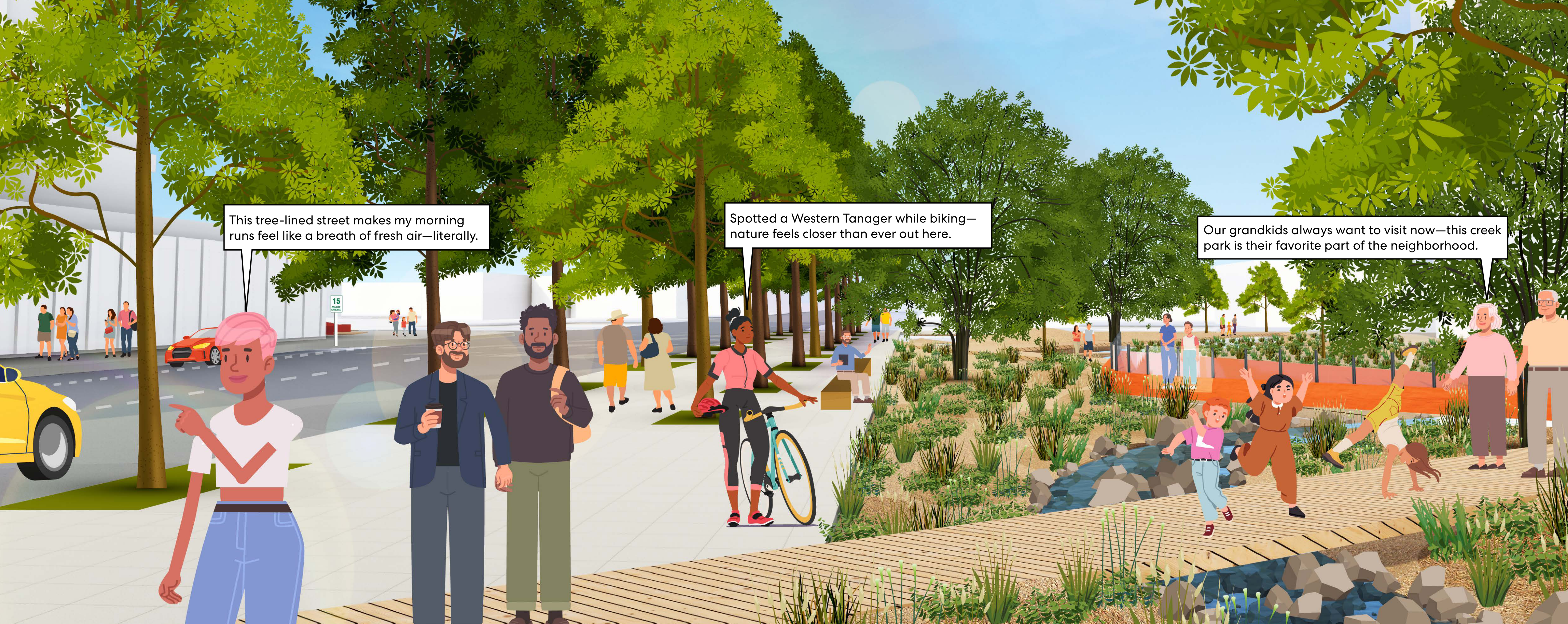 Illustrated Creek Park with a tree-lined street, shaded paths, planted creek banks, water, a boardwalk, and neighbors walking, cycling, running, and gathering. Speech-bubble quotations in the art are transcribed below.