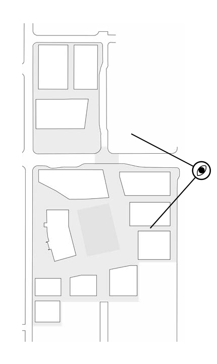 Street-block locator map with a circled civic-edge viewpoint east of the north–south block and sight lines pointing back toward the library block.