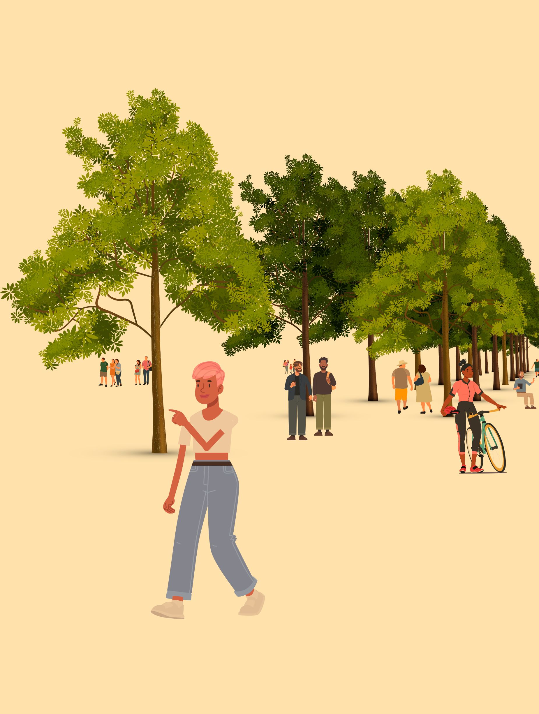Neighbors spending time beneath mature trees: people stroll and gather, children play, and a cyclist pauses beside the shaded path.