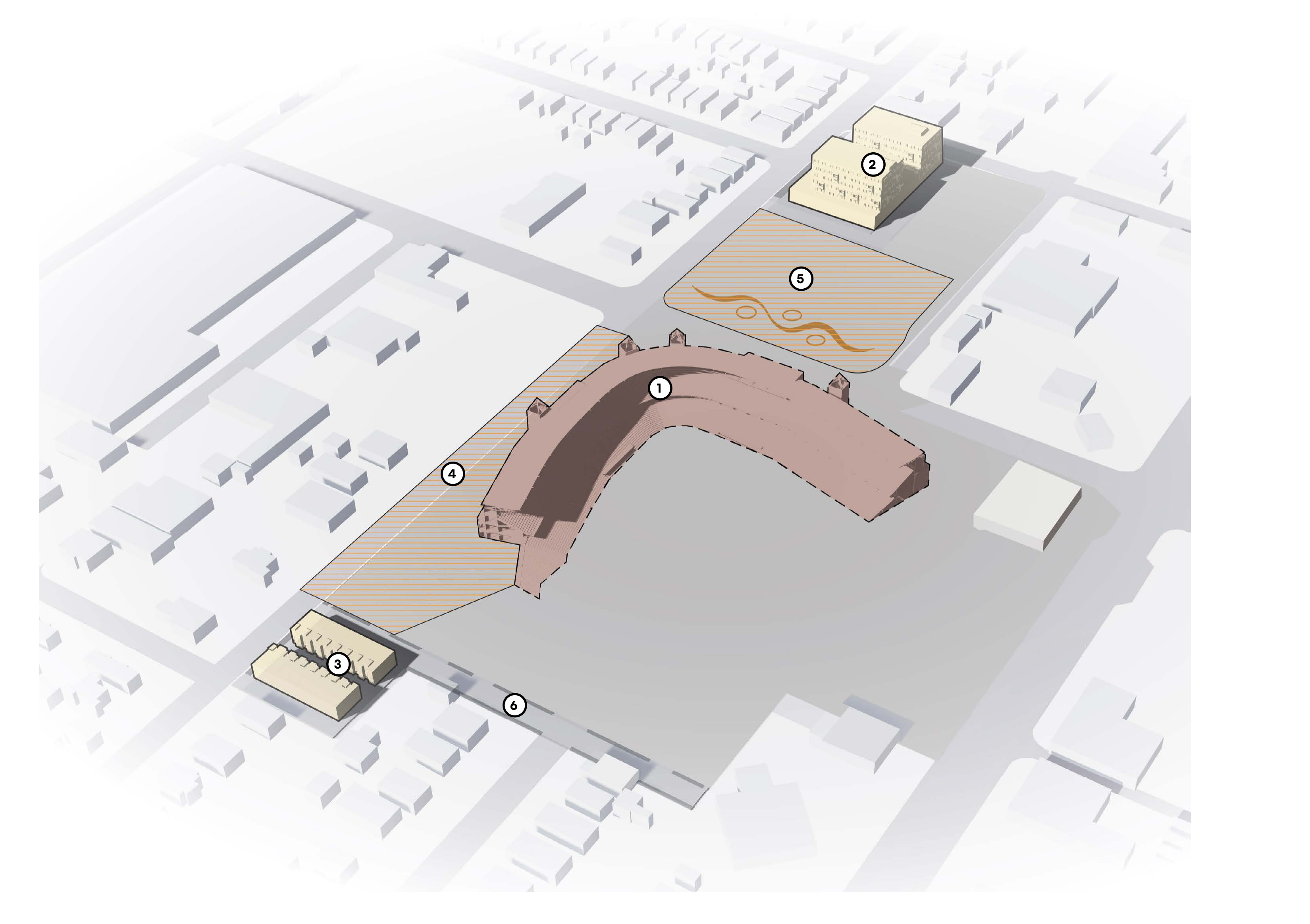 Axonometric site plan with numbered markers showing the locations for the Phase 1 proposals, with neighboring blocks and streets in pale gray.