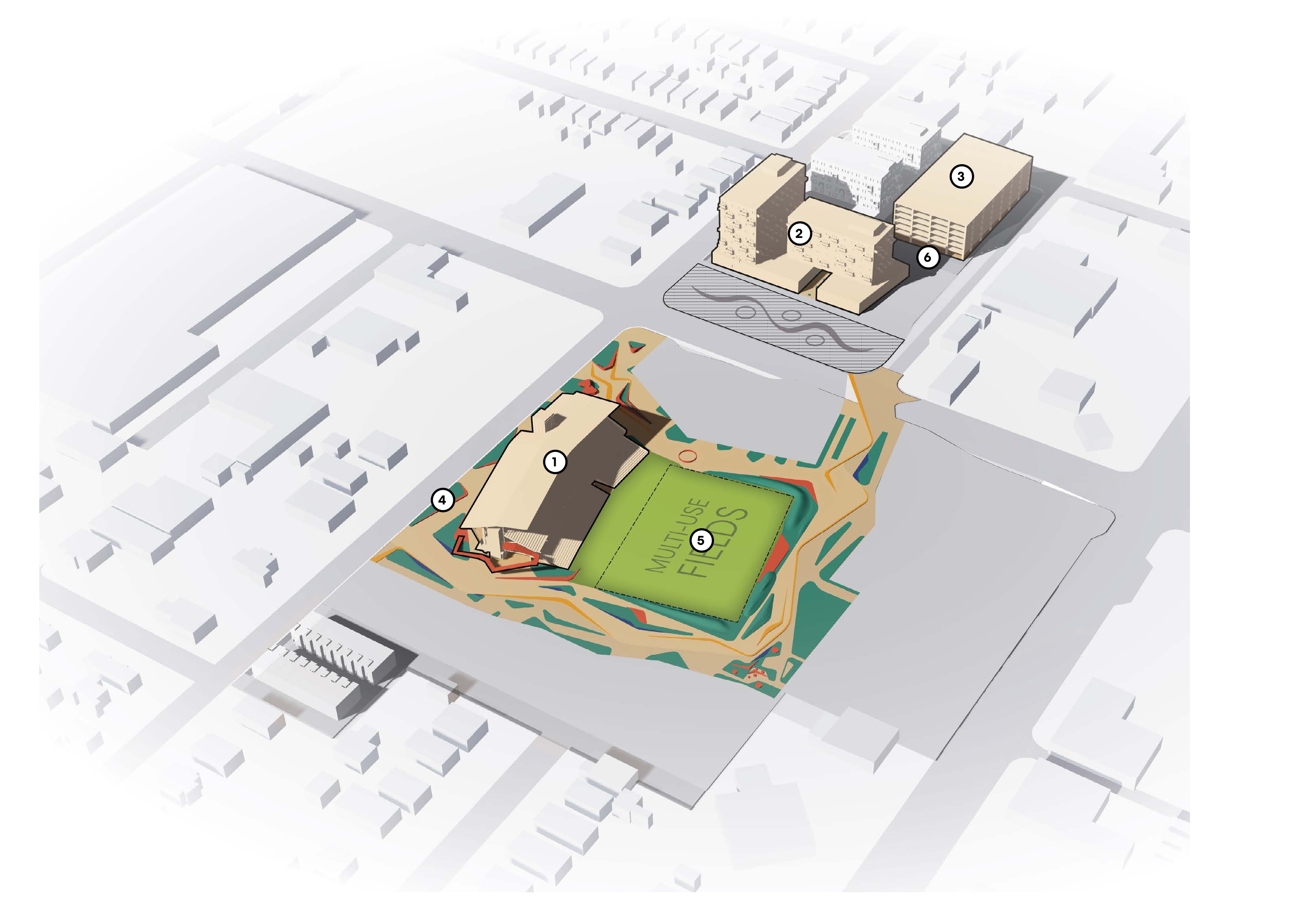 Axonometric site plan with numbered markers showing the locations for the Phase 2 proposals, with neighboring blocks and streets in pale gray.